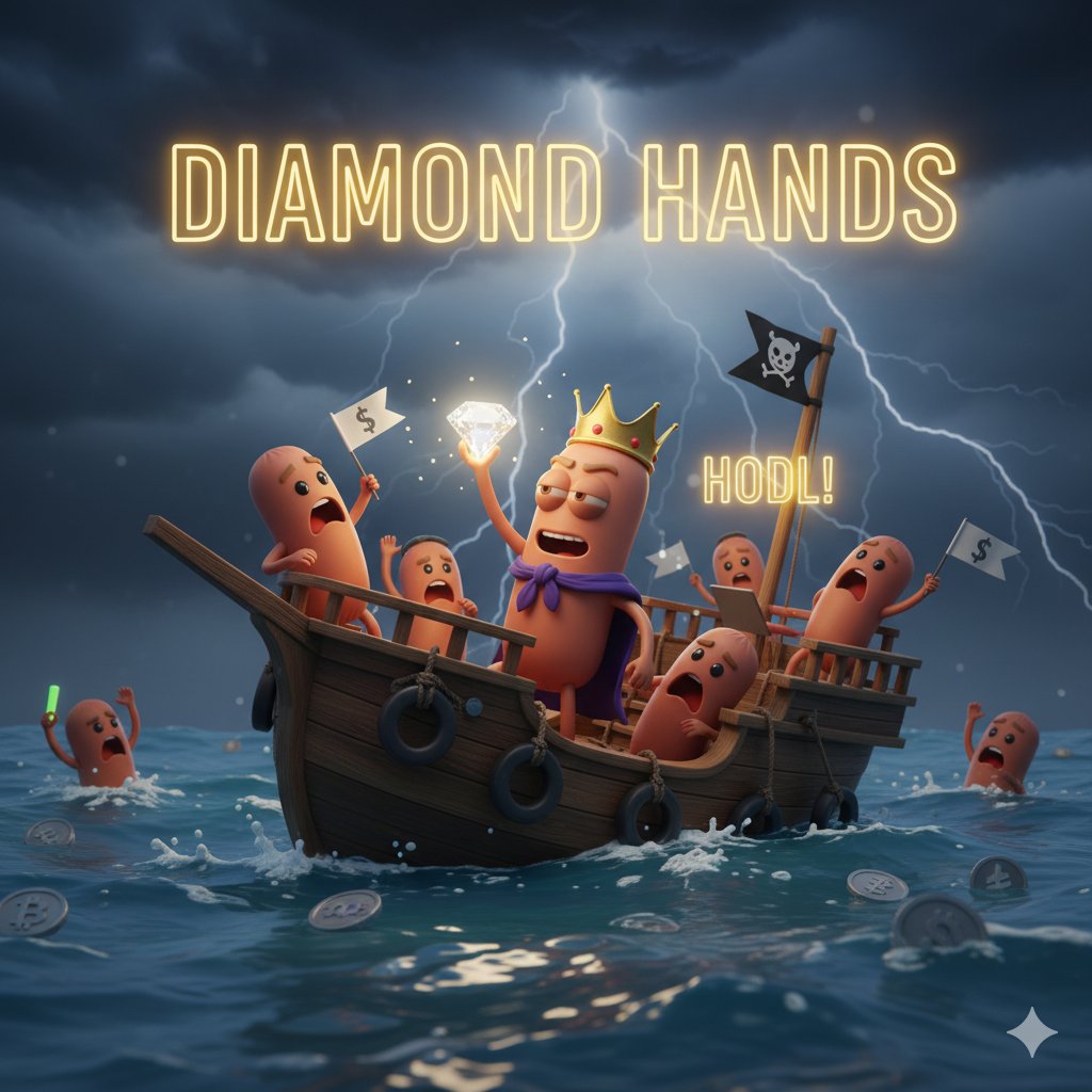 "When the market dips, Nobody Sausage just HODLs tighter! 💪 Diamond hands forever, no matter how choppy the waters get. Who's with me on this crypto voyage? #DiamondHands #HODL #NobodySausage #CryptoLife #MarketDip #NeverSell