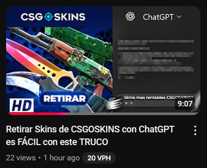 No habeis este video aún? 
Retirar skins de CSGOSKINS con CHATGPT 🧐
youtu.be/oC26er6ryCs