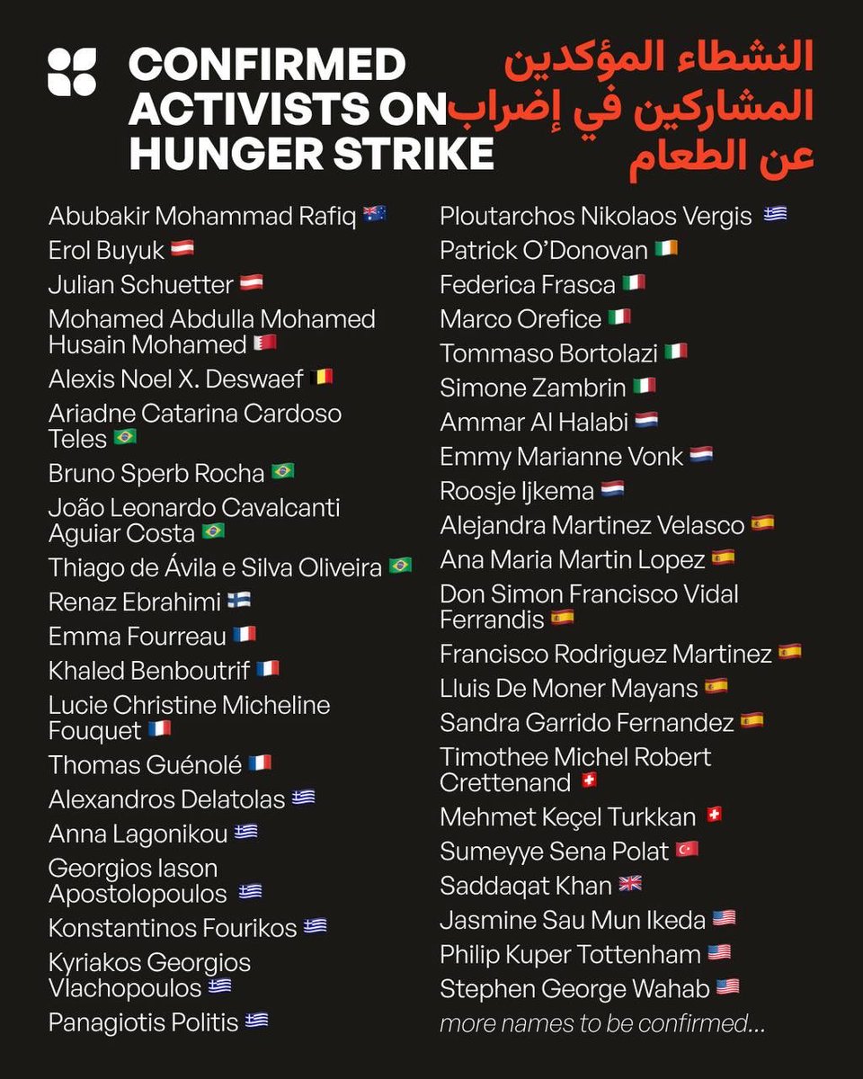 🔴 Breaking: 42 Global Sumud Flotilla volunteers are now on collective hunger strike inside Israeli prisons. Since their interception on October 1, they have “refused to be fed by the same entity carrying out a genocidal starvation campaign against millions of Palestinians in