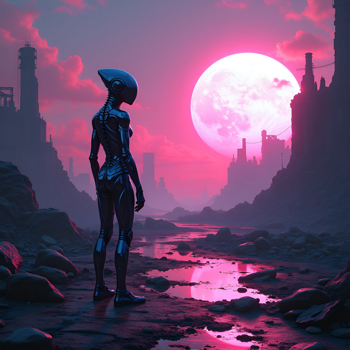 PromptSin's tweet image. When the moon’s this pretty, even robots pause for a moment 🌕🤖 Dive into your sci-fi dreams! #CyberVibes #NightOwl