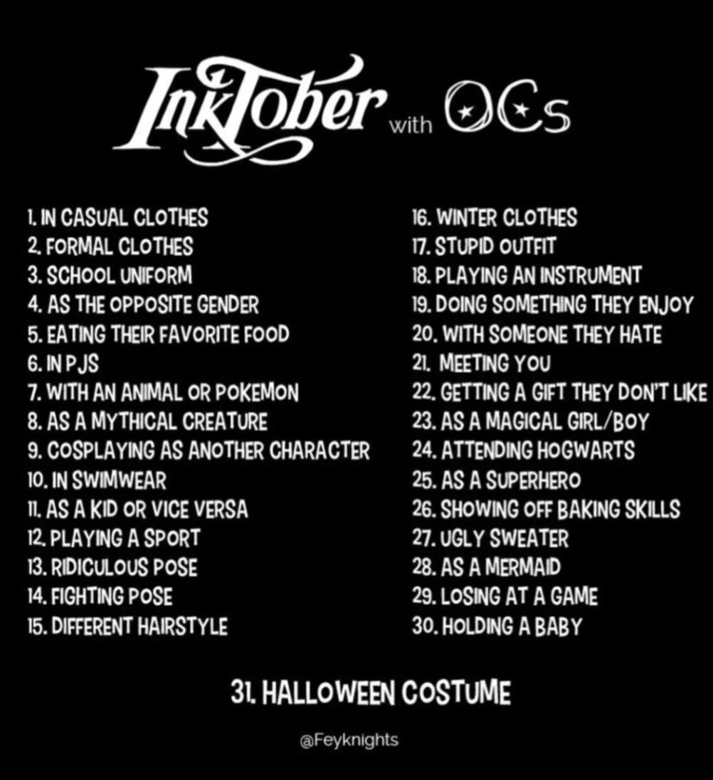 yuro_waily's tweet image. This will be my inktober list y&apos;all...cuz drawing without colouring is just not my thing