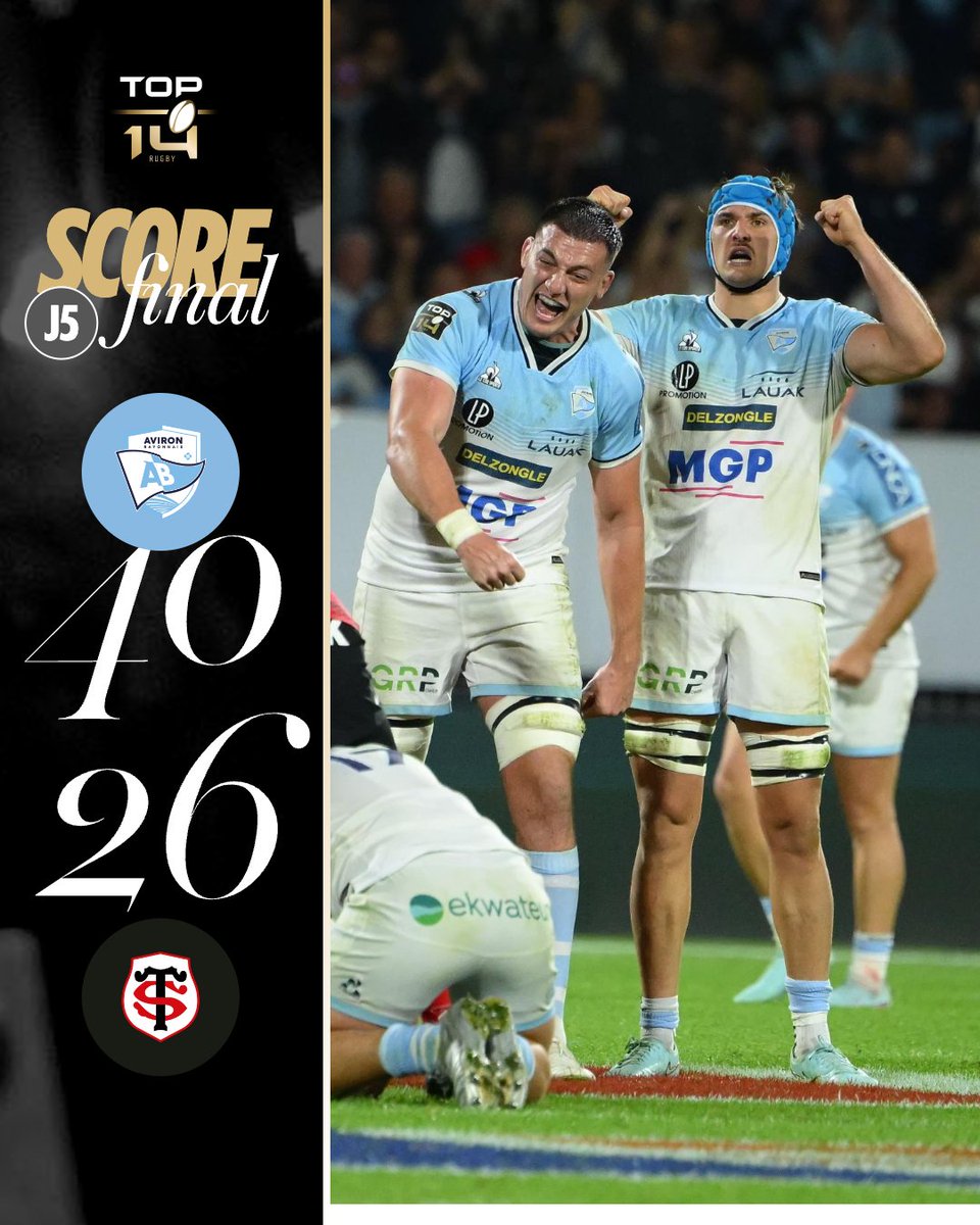 La série d'invincibilité continue ✅
L'<a href="/avironrugbypro/">Aviron Bayonnais</a> remporte le choc de cette J5 et s'empare de la première place ! 🔝 #ABST #TOP14