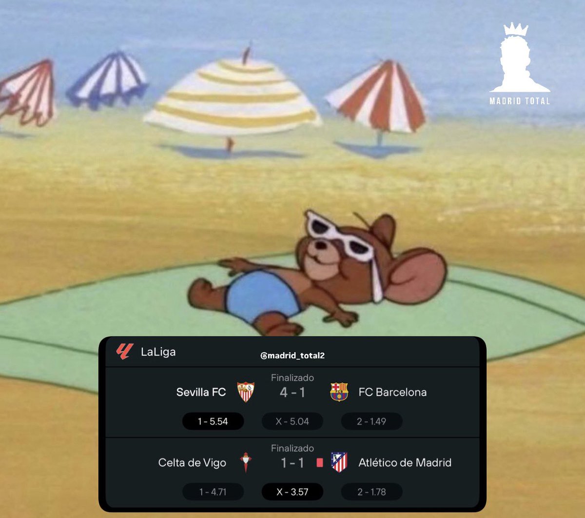 madrid_total2's tweet photo. Sevilla 4-1 Barcelona
Celta 1-1 Atletico de Madrid

Domingo. 😮‍💨 https://t.co/tUCOqNaWSI