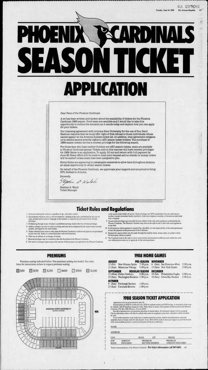 In 1988 the <a href="/AZCardinals/">Arizona Cardinals</a> came to the valley of the sun from St. Louis and played their inaugural season at #SunDevilStadium. Tempe remained their home for 17 years until moving to the new State Farm Stadium in Glendale in 2006.
