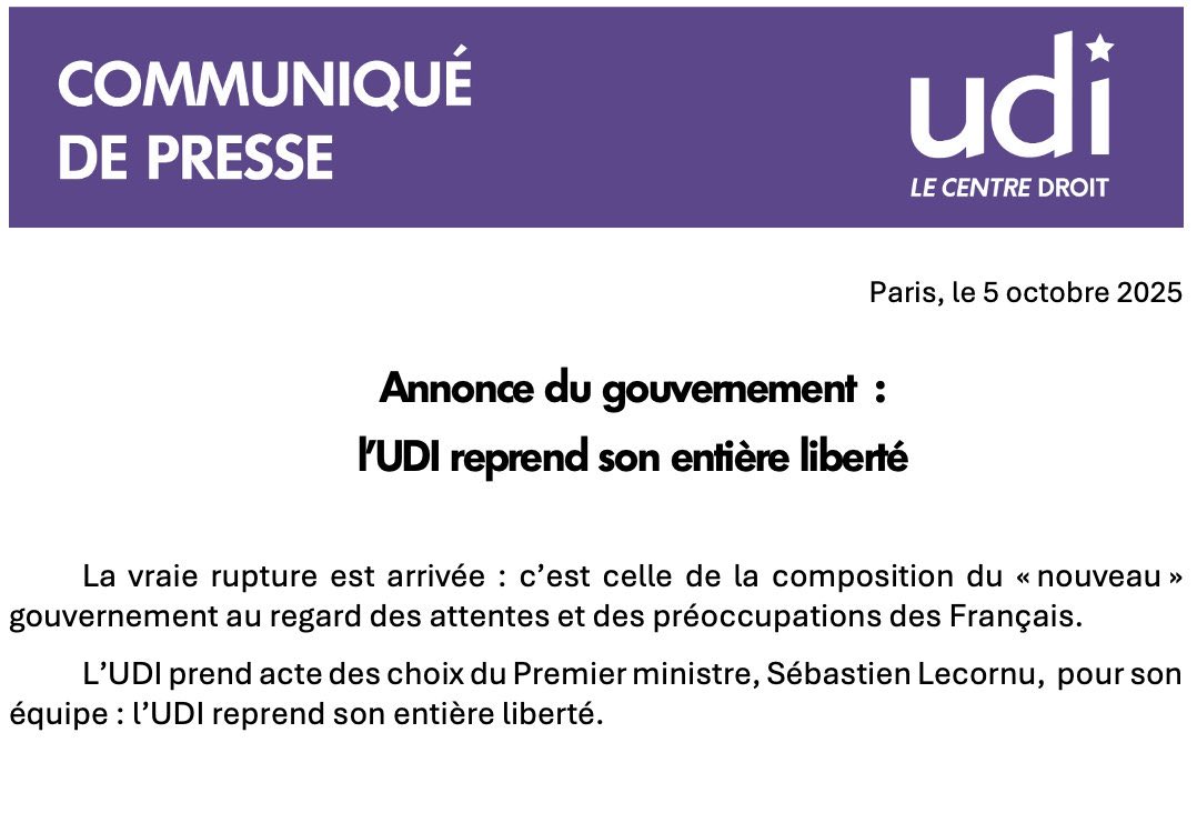 La vraie rupture est arrivée : c’est celle de la composition du « nouveau » gouvernement au regard des attentes et des préoccupations des Français.

L’<a href="/UDI_off/">UDI</a> prend acte des choix du Premier ministre <a href="/SebLecornu/">Sébastien Lecornu</a> pour son équipe : l’UDI reprend son entière liberté.