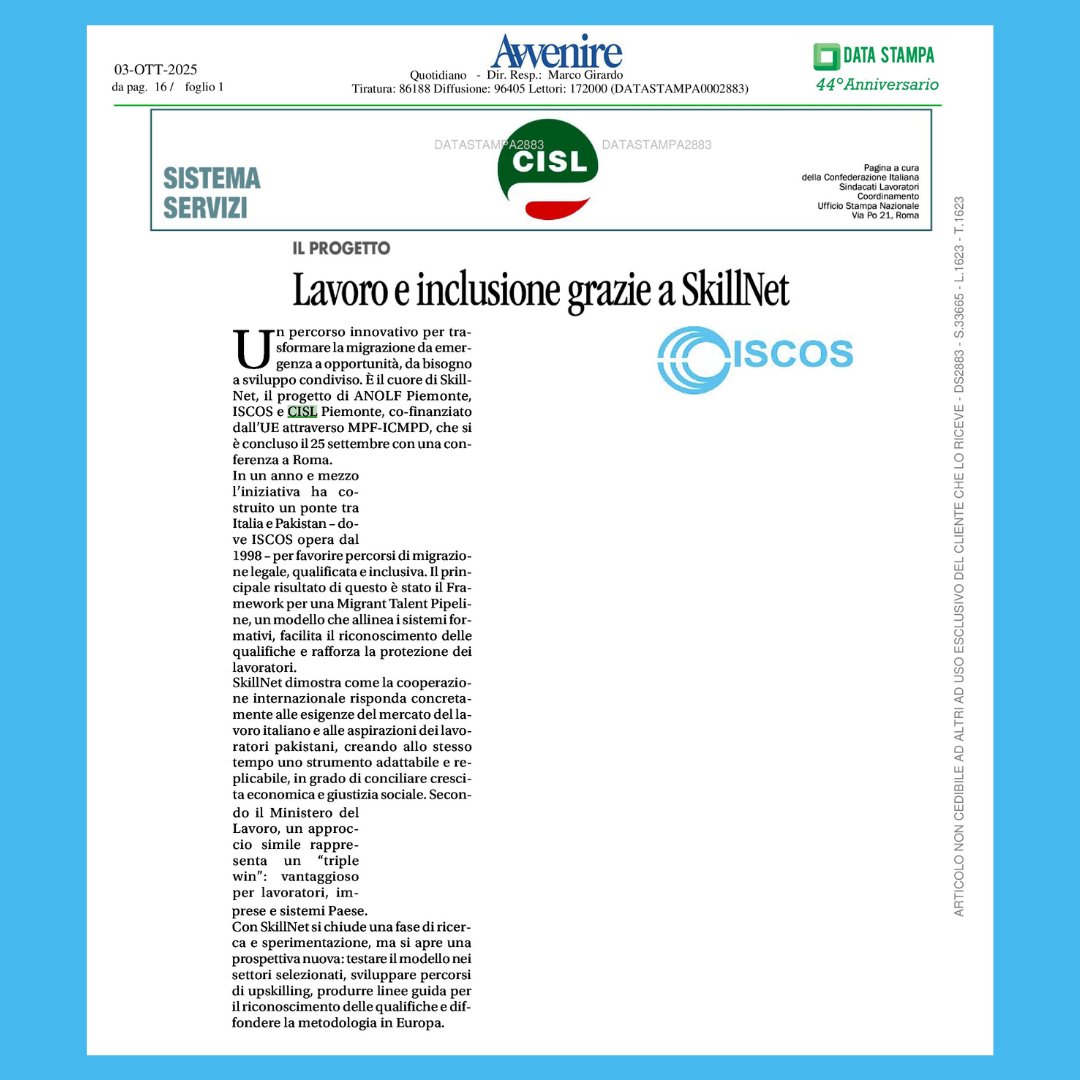 iscoscisl's tweet photo. 🗞️ Su @Avvenire_Nei in evidenza il progetto #SkillNet: ricerca, formazione e dialogo per costruire canali di mobilità sicuri tra Italia e Pakistan. Un modello di inclusione e sviluppo condiviso adattabile e replicabile anche ad altri Paesi.🤝 #LavoroQualificato #MobilitàCircolare https://t.co/ZYyUa09rUp