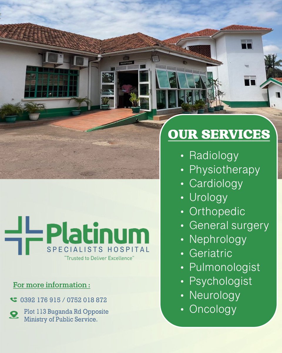 Our commitment to you is to offer you quality services by our dedicated team of specialists to ensure good health and wellbeing.

Come get the answers you’re seeking to that health issue. 

#health #platinumhospitaluganda #kampala