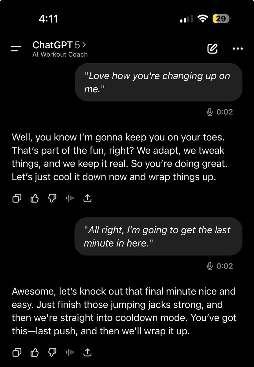 mick_pletcher's tweet image. Loving how my AI training coach keeps me guessing. Just when I think I’ve got the routine down, it switches things up. Today it threw in jumping jacks out of nowhere. Hadn’t done those since I was a teenager. Every session feels new and keeps me pushing harder.

#AITraining