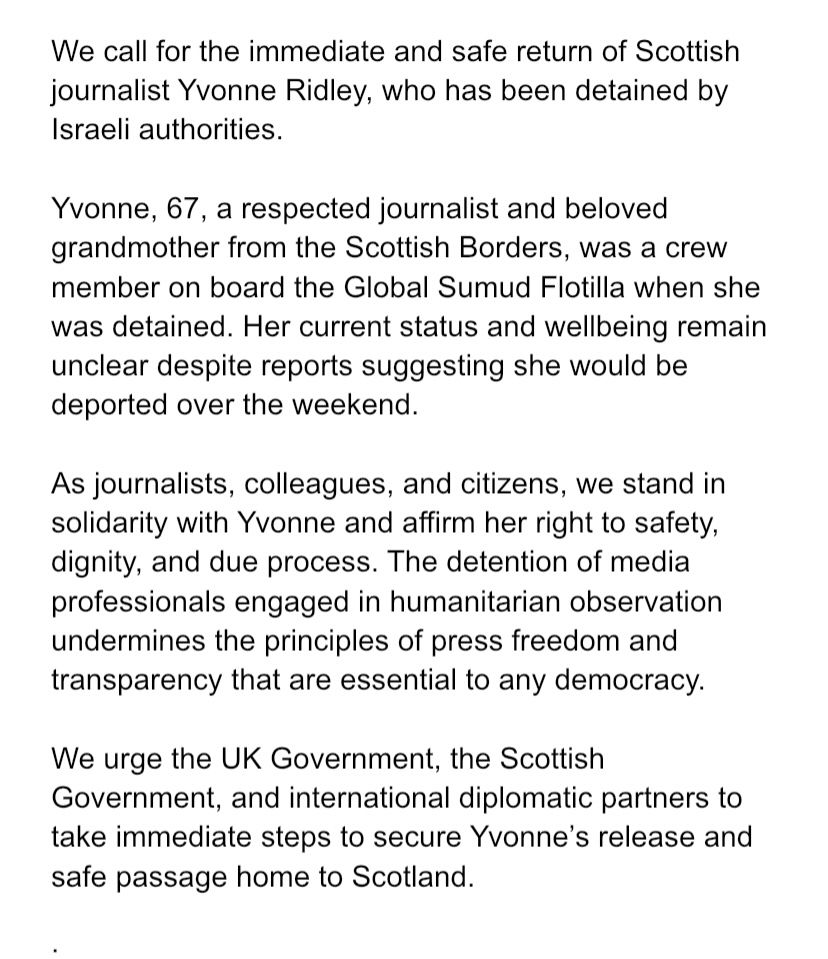 LLBruce's tweet photo. 🚨Scottish journalists unite to call for release of fellow journalists Yvonne Ridley and Sid Khan, held by Israeli authorities 🚨 https://t.co/cSPGtn9NpU