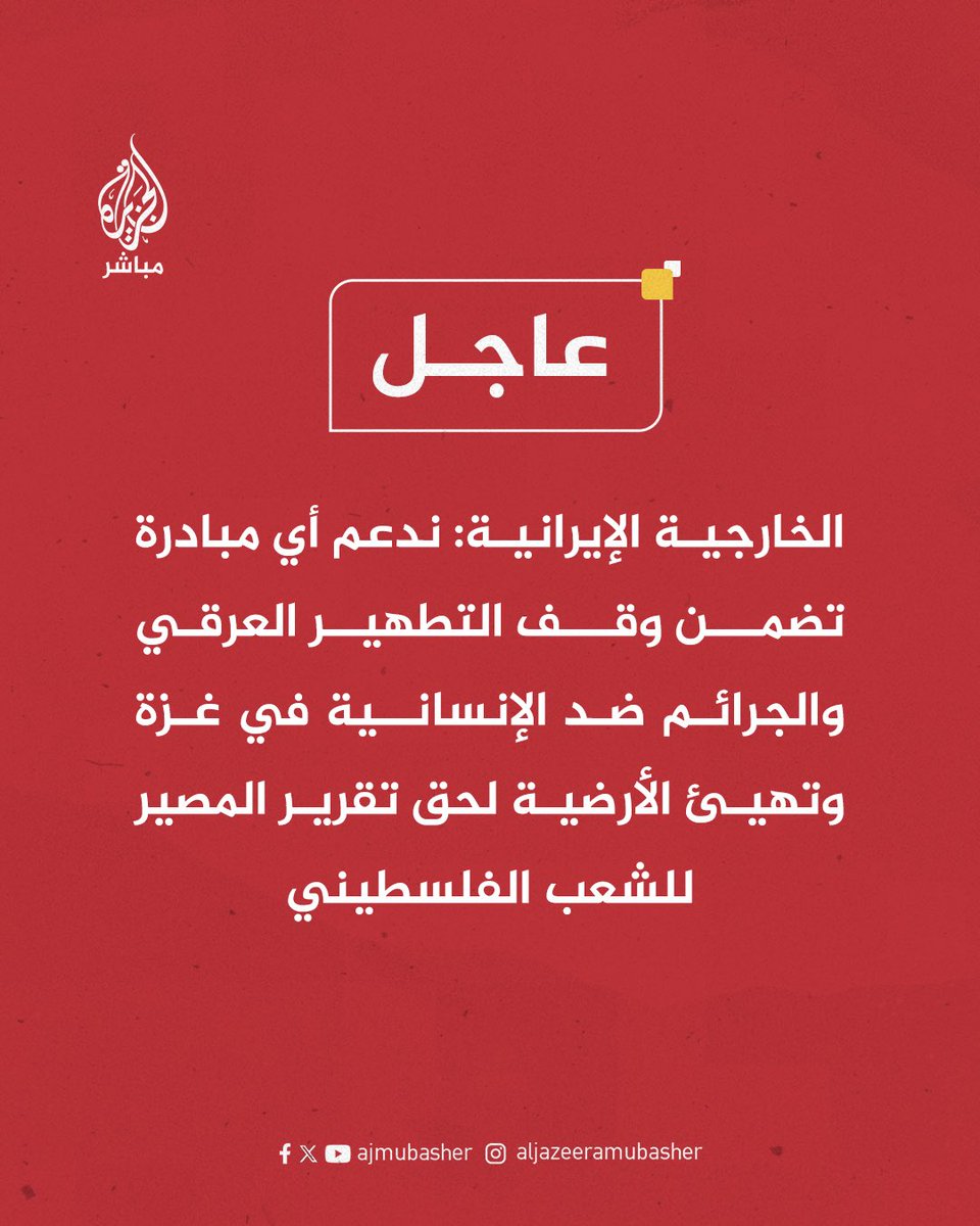 الخارجية الإيرانية: ندعم أي مبادرة تضمن وقف التطهير العرقي والجرائم ضد الإنسانية في غزة وتهيئ الأرضية لحق تقرير المصير للشعب الفلسطيني