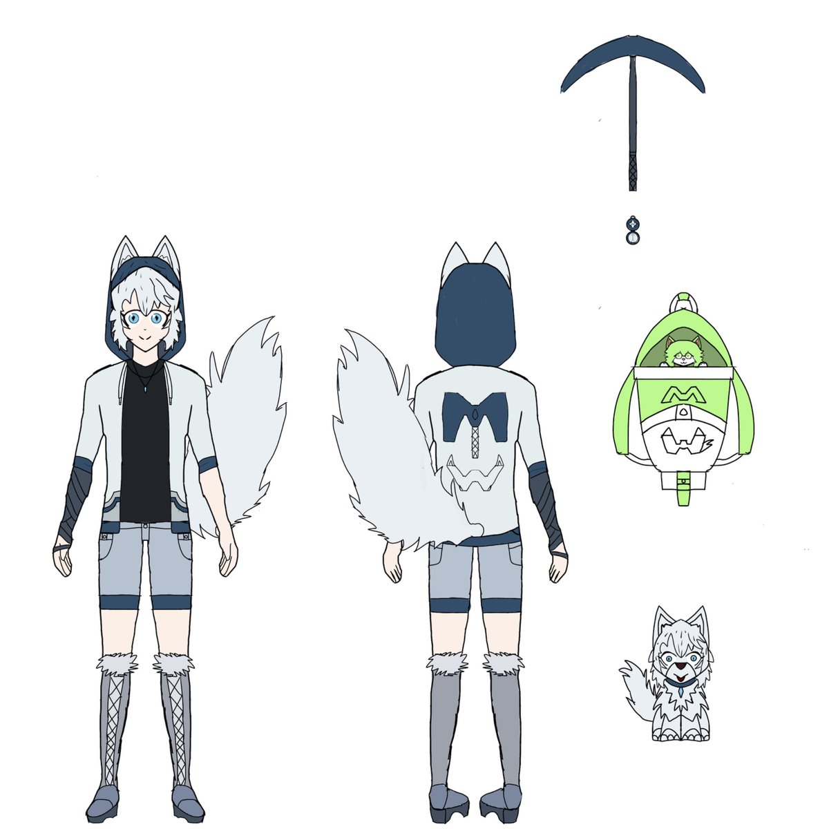 MineWolfX's tweet image. This is a something I have been working on. It’s a drawing of minewolf front and back with some of his items and his Gemy pack. His spare pickaxe, his realm compass that lets him travel to different worlds, also his wolf form