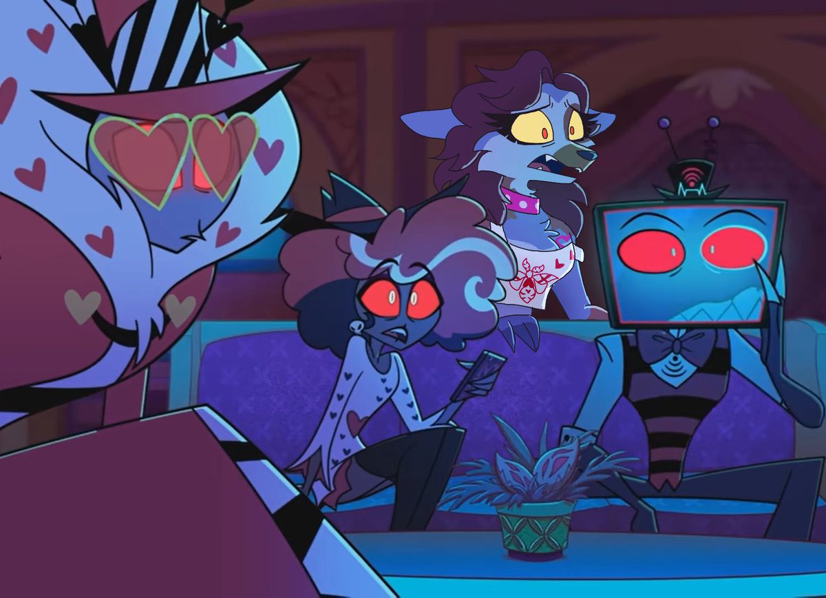 beanie_bubble's tweet photo. Today's is a little lazy but that's ok!! We have a scene draw over, adding Maybelle to the Vee's reaction scene after Nifty stabbed Adam.

Day 7 - After the battle/ Charge

"OH SHIT!!! ~📺"

#Haztober2025 #HazbinHotel #VEES  #OC #Countdown #Val #vox #Velvette https://t.co/HM4e4vQqKS