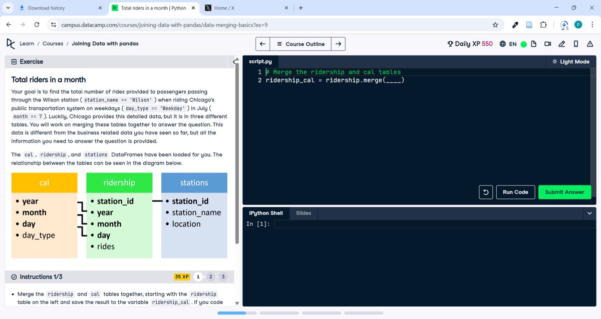 pamelavimbaishe's tweet image. Day 5 of #50DaysOfDataScience I had a moment of clarity. I was learning everything, which meant I was mastering nothing. Today, I locked in. My focus is now on the goal I set Certification. I&apos;m driving deep into my @DataCamp  track and today was all about Data Merging Basics.