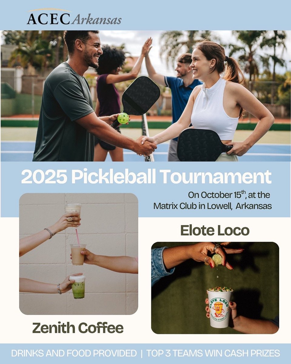 Ready to rally? Our Pickleball Tournament is NEXT WEEK! 🌮 Elote Loco serving the food ☕ Zenith Coffee keeping you caffeinated 💵 Cash prizes for Top 3 👥 Teams $300 Sponsorships $250–$1500 Spectators FREE Register Here: arkansasengineers.org/pickleball-tou… #NWAEvents #Pickleball #Arkansas