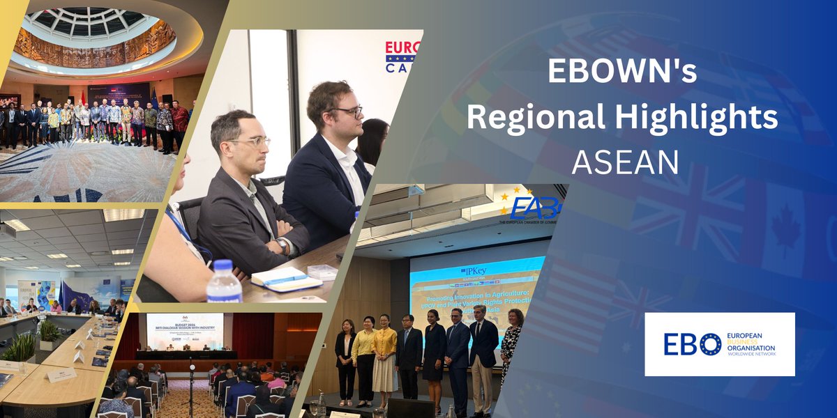 🌏 ASEAN in focus!
From EU Green Deal talks in 🇰🇭 &amp; CEPA milestone in 🇮🇩, to finance reforms in 🇱🇦, FTA progress in 🇲🇾, ethical trade in 🇲🇲, transport forum in 🇵🇭, EU investment links in 🇸🇬, Agri Innovation  in 🇹🇭 &amp; EVFTA in 🇻🇳 — EBOs are driving EU–ASEAN partnerships forward.