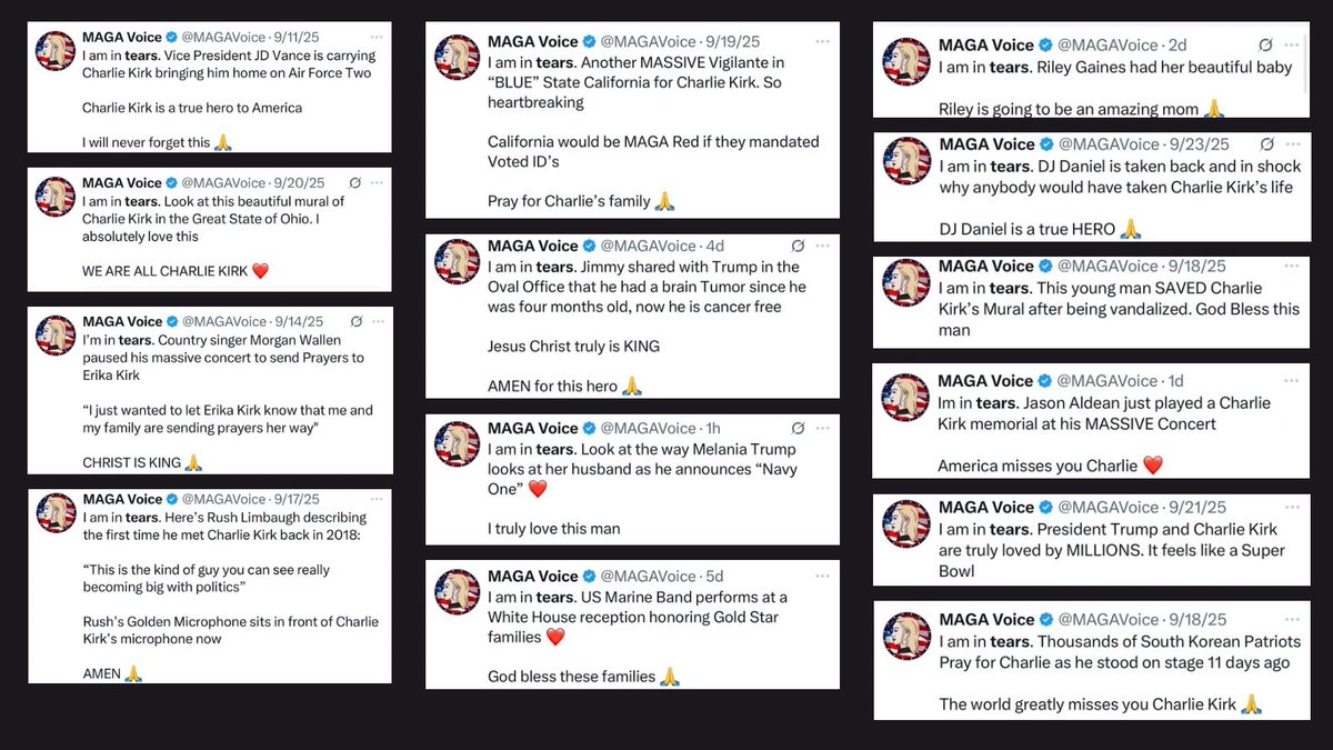 This fake MAGA account is run by a russian . They need to switch up their script. “I am in tears” is growing old.