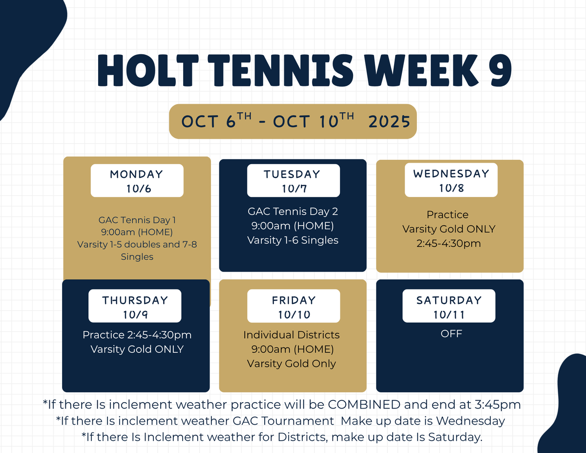 Week 9 schedule.

We host a lot of big tennis events this week!! 

Looking forward to a fun and exciting week ahead!! 

#conquerthecourt