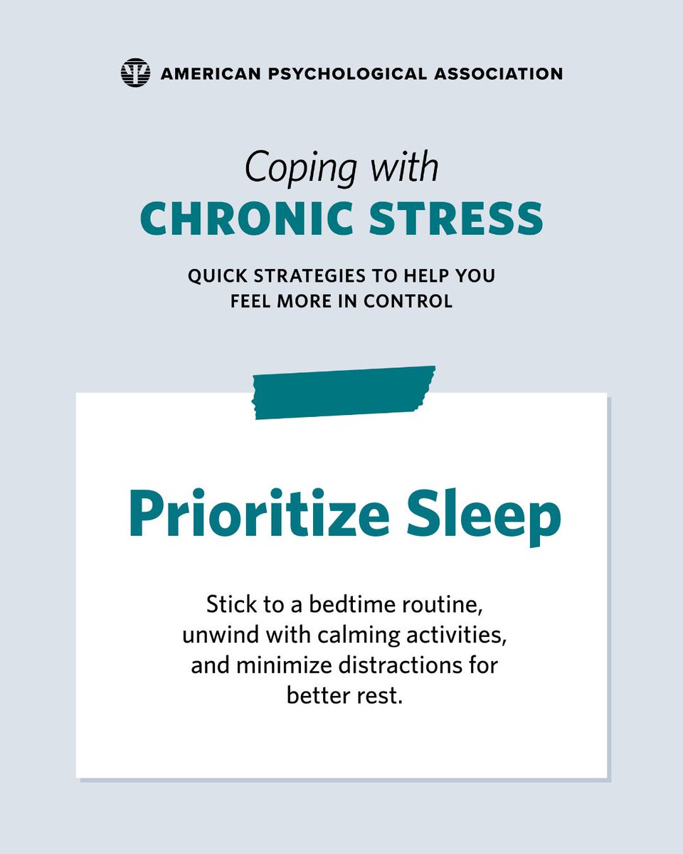 APA's tweet image. Quality #sleep is a powerful buffer against #stress. A consistent routine, relaxing wind-down, and fewer distractions can help you recharge. 💤🔋 

Learn more: at.apa.org/1iu