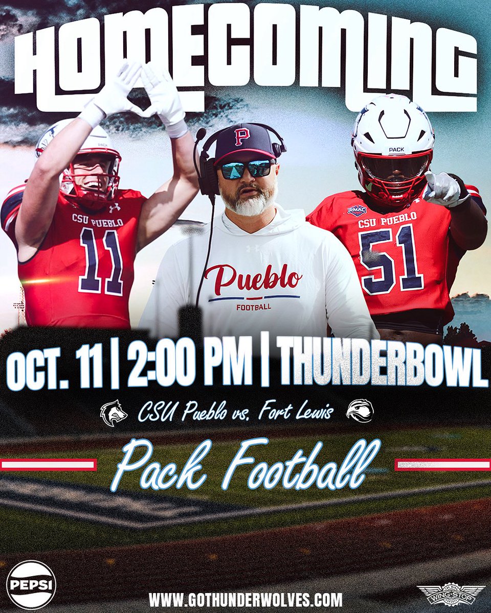 𝑩𝒂𝒄𝒌 𝑯𝒐𝒎𝒆. 𝑷𝒖𝒆𝒃𝒍𝒐, 𝑪𝒐𝒍𝒐𝒓𝒂𝒅𝒐.

Pack Football is back home this week for Homecoming‼️ 

Make plans to join the Pack on Saturday as we host Fort Lewis at the ThunderBowl!!

#BackThePack