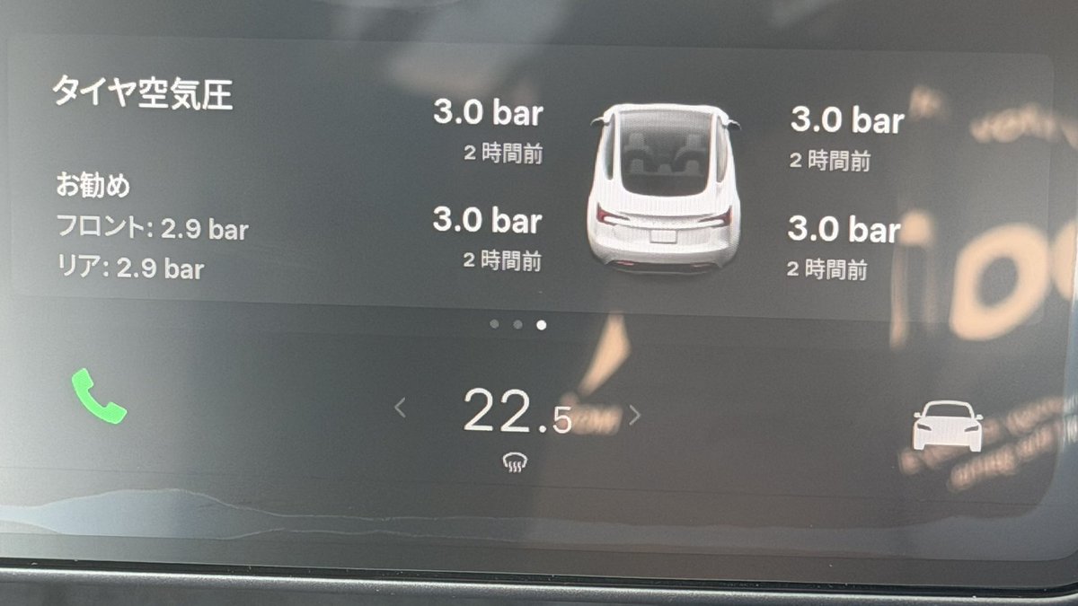 taki98001's tweet image. #Tesla 
#TPMS
 朝、寒くて
タイヤの空気圧
2.6barに
下がったので
2.9barまで
空気入れてみた

日中、暑くなったら
3.0barまで上がった

#西城秀樹