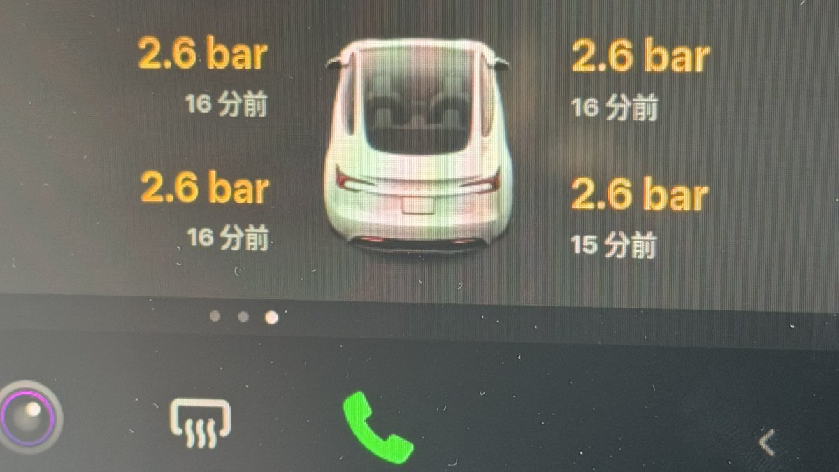 taki98001's tweet image. #Tesla 
#TPMS
 朝、寒くて
タイヤの空気圧
2.6barに
下がったので
2.9barまで
空気入れてみた

日中、暑くなったら
3.0barまで上がった

#西城秀樹