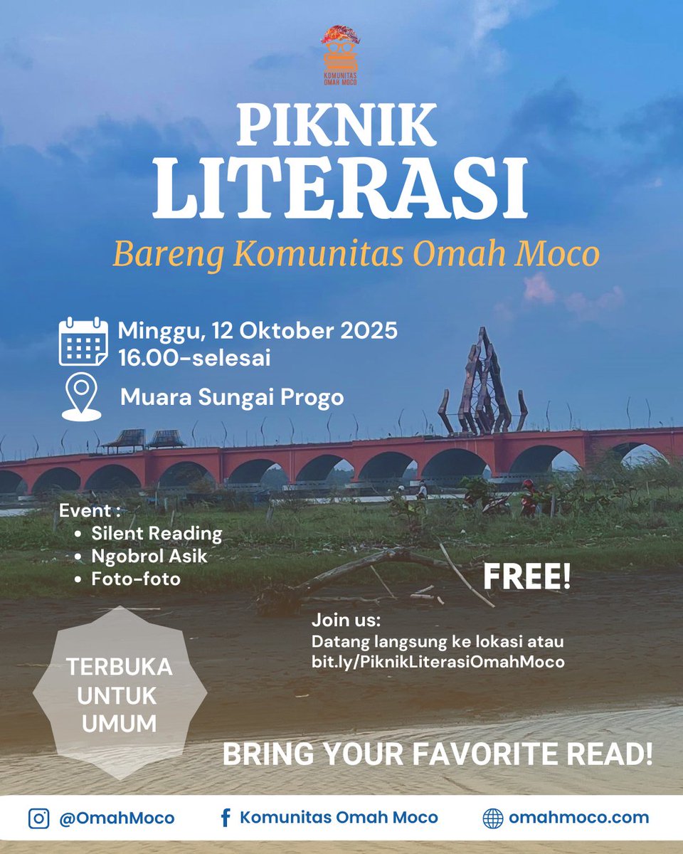 OmahMoco's tweet photo. _*Sunset + Sungai + Buku + Obrolan Hangat = Piknik Literasi*_😍

Acara 2 minggu sekali lurr.
📆 Minggu, 12 Oktober 2025
⏰ 16:00-selesai
📍 Muara Sungai Progo

Yukk gabung! 
https://t.co/Q3v1xssy9y 

See You🙌🏻

#Membaca #Piknik #Literasi #Buku #Pantai #Komunitas #OmahMoco https://t.co/iYTPjUPAxd