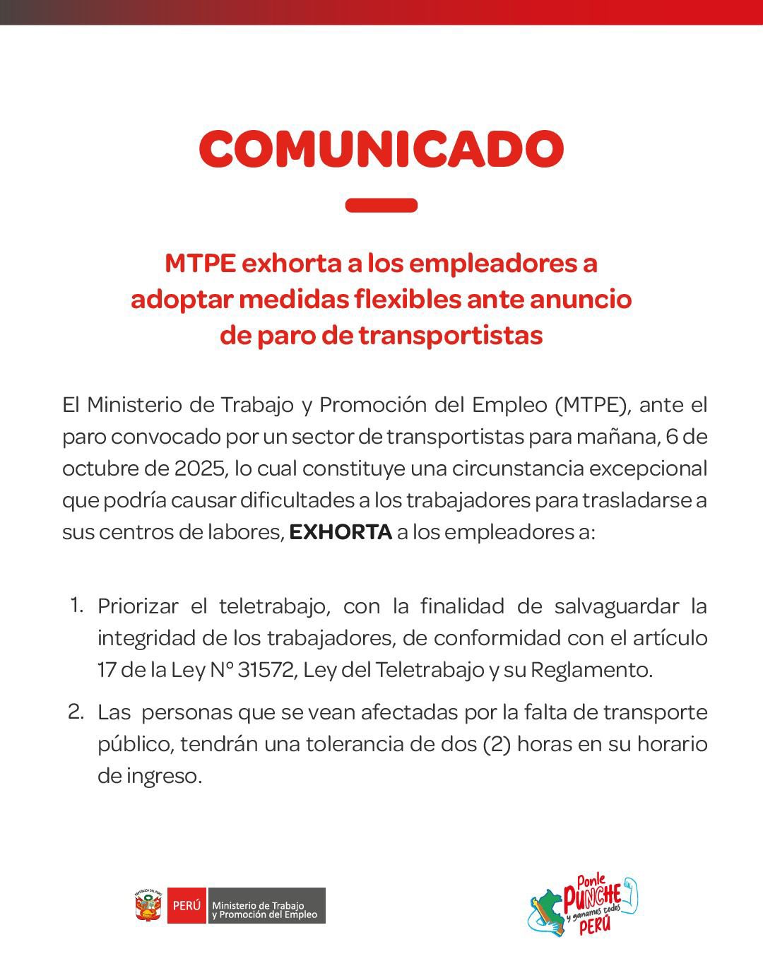 Paro de transportistas: comunicado del MTPE.