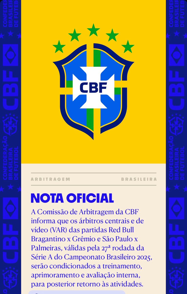 Só para constar!! A CBF soltou um comunicado anunciando o afastamento dos árbitros centrais e de vídeo das partidas entre RB Bragantino X Grêmio e São Paulo X Palmeiras. Ambos jogos válidos pela 27ª Rodada do Brasileirão Betano.
