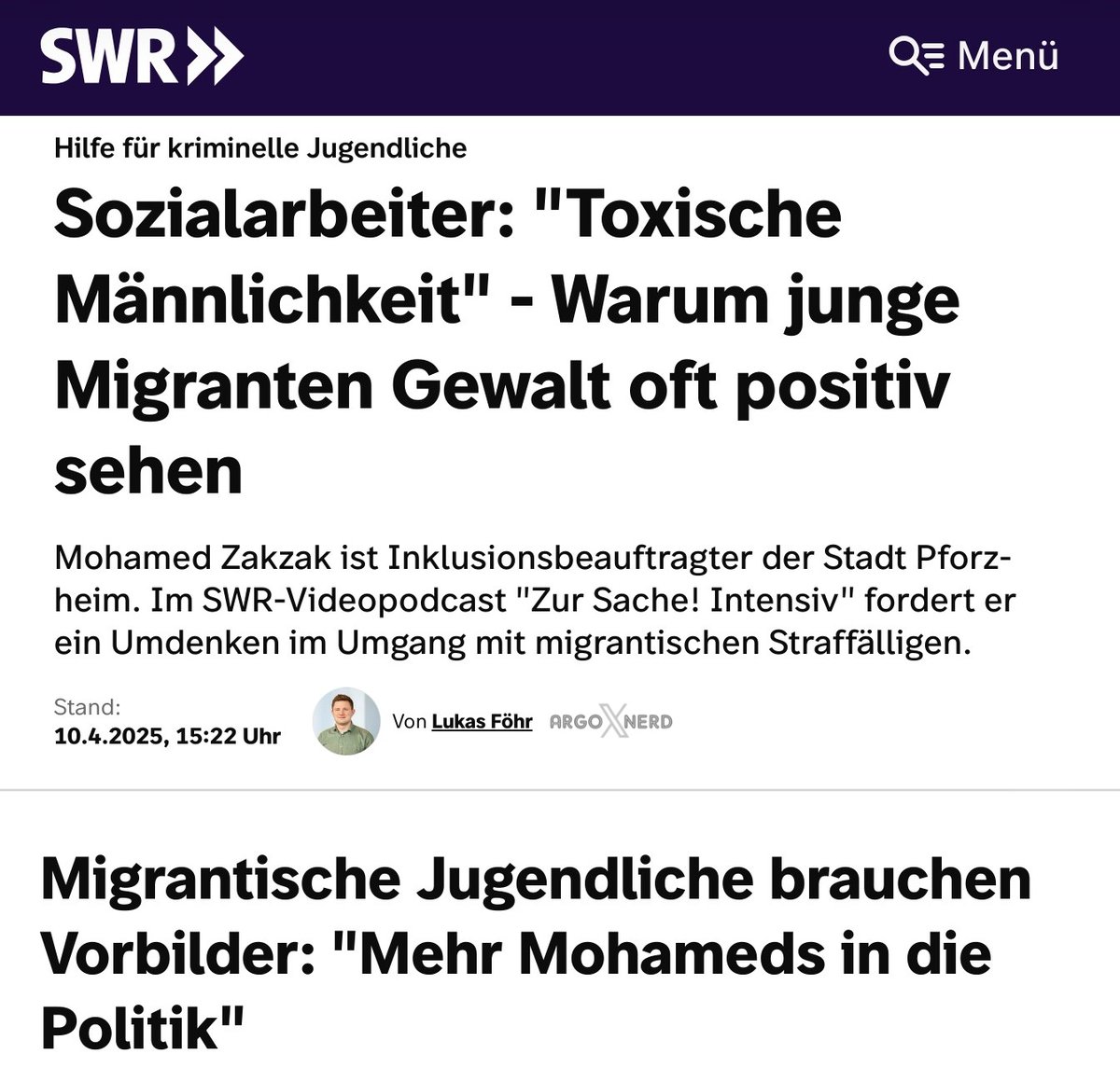 „Mehr Mohameds in der Politik, so die Vision von Zakzak, "vielleicht sogar ein Mohamed, der Bundeskanzler ist"“, damit junge Migranten nicht mehr so oft straffällig werden.
