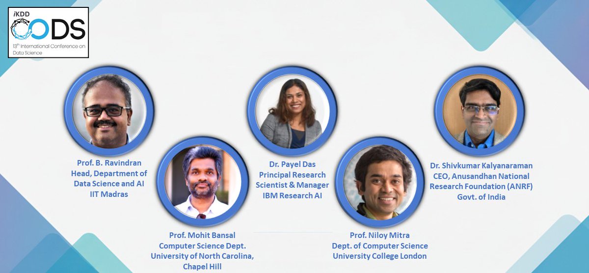 Excited to announce our stellar keynote lineup at #CODS2025
1⃣Prof. B. Ravindran–IIT Madras
2⃣Prof. M. Bansal–UNC Chapel Hill
3⃣Dr. P. Das–IBM Research AI
4⃣Prof. N. Mitra–UCL
5⃣Dr. S. Kalyanaraman–CEO, ANRF
Join us for ideas, insights &amp; impactful talks in the domain of #AI &amp; #ML