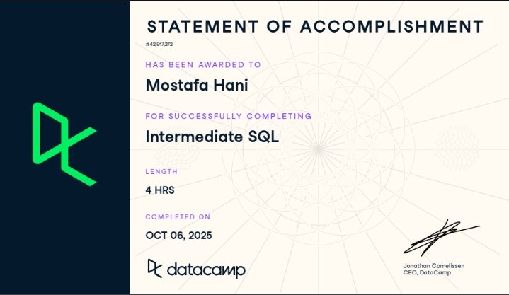 الحمد لله شهادة كورس intermediate SQL
فاضلي 2 كورس و بروجكت و ابقا قفلت تراك SQL باذن الله