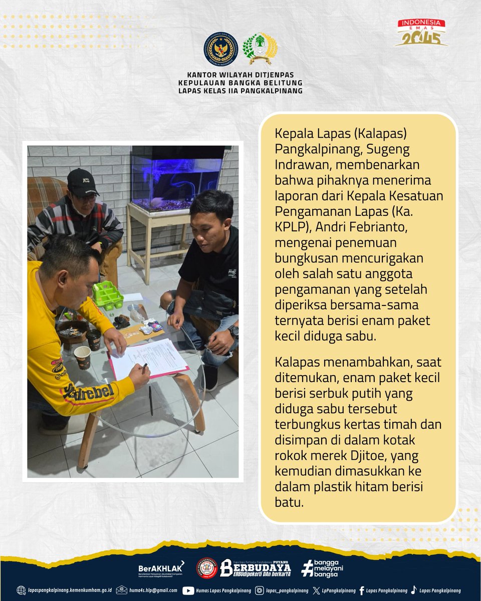 LpPangkalpinang's tweet photo. Langkah Cepat Lapas Pangkalpinang Diapresiasi Polresta Usai Temukan Barang Diduga Sabu
@kemenimipas
@sekjen_imipas
@DITJEN_PAS
#ditjenpas
#pemasyarakatanbabel
#hermansawiran
#LapasPangkalpinangBerbudaya
#SugengIndrawan https://t.co/Nv9RpxmLwt