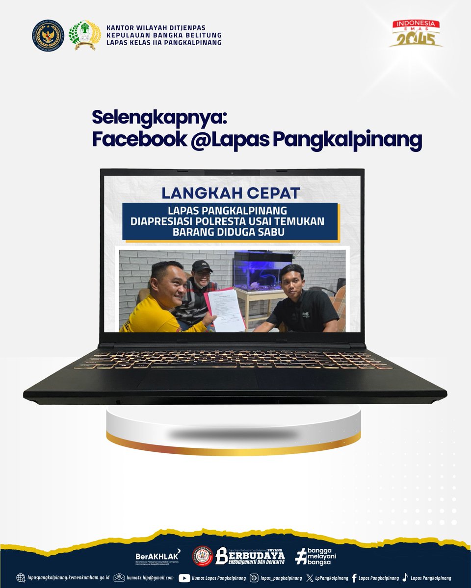 LpPangkalpinang's tweet photo. selengkapnya di Facebook: Lapas Pangkalpinang
@kemenimipas
@sekjen_imipas
@DITJEN_PAS
#ditjenpas
#pemasyarakatanbabel
#hermansawiran
#LapasPangkalpinangBerbudaya
#SugengIndrawan https://t.co/JEbOb4HqPm