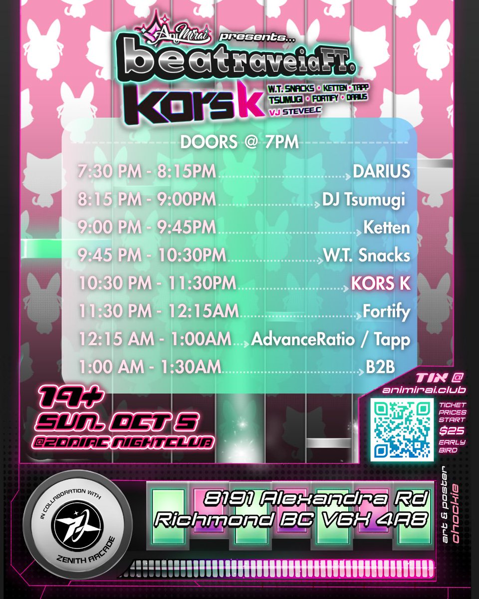 beatraveia is live from Vancouver 🇨🇦 and myself and <a href="/S2TB_korsk/">kors k</a> are playing as 9:45PM PDT!

It's livestreaming on Twitch, so if you can't be here IRL, you can experience the final #korsklub2025 date from wherever!
🔗 twitch.tv/animiraiclub