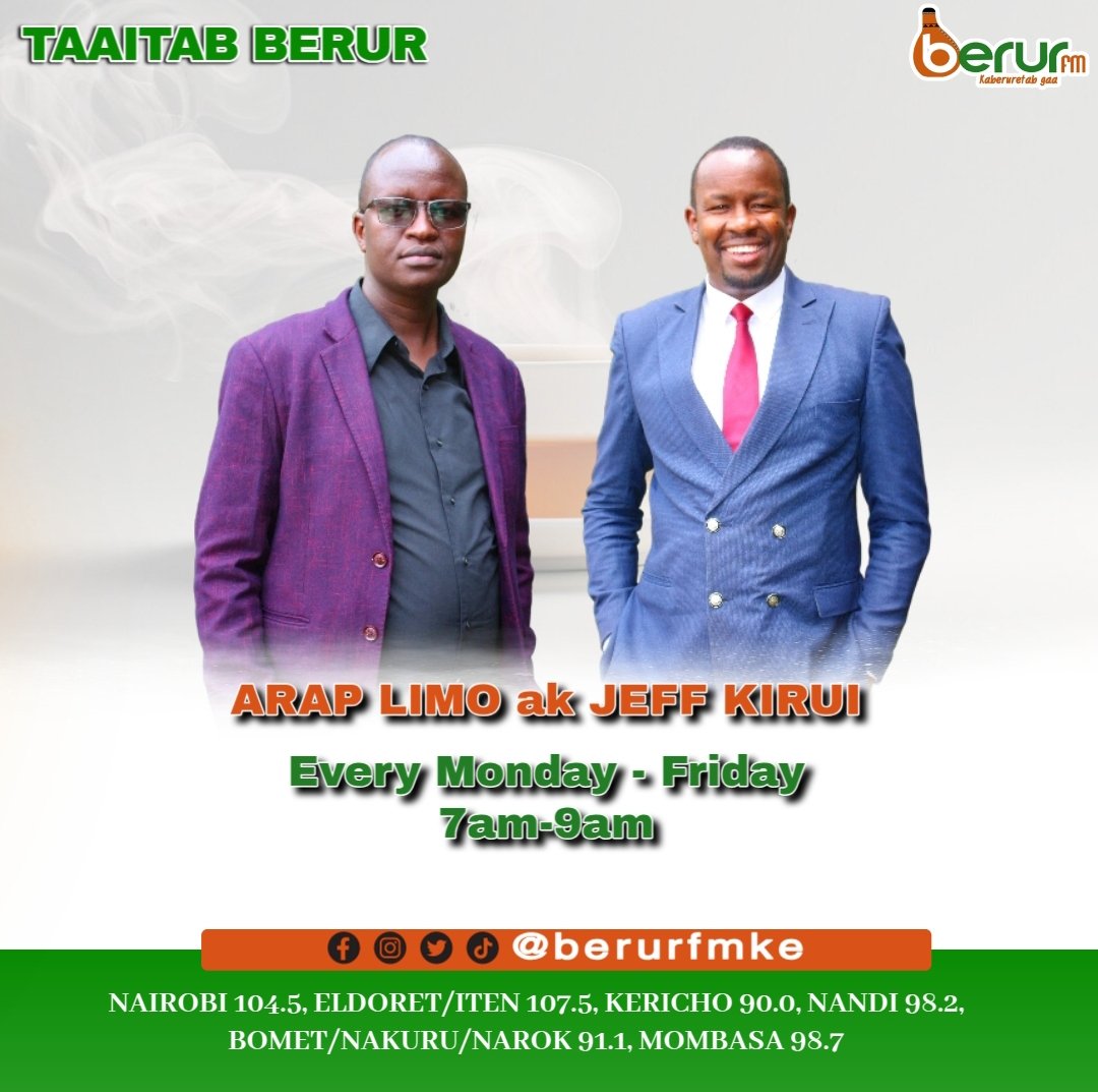 berurfmke's tweet image. The wait is over! Good morning and welcome to Taaitab Berur — the biggest breakfast show in Kalenjin Land, hosted by Arap Limo and Geff Kirui. We bring you bold questions, fresh insights, and nothing but the best vibes. Catch us live from 6 AM to 10 AM
#LimoakGeff #Taaitabberur