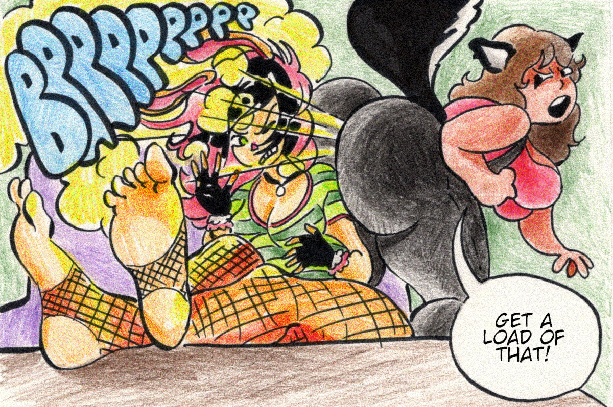 (Commission)Nina putting her feet up on the table is really pissing off Amanda, who completely blasts her point blank with a mean fart.

And for 7 years of support, everybody on the commission tiers on my Patreon next month in November will get a bonus name-only sketch commission