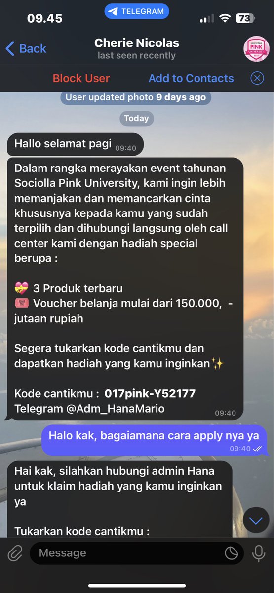 hiuberani's tweet photo. SCAM ALERT 🚨 

Hati hati ya untuk kalian yang suka skincare &amp; makeup, jangan tertipu sama “Hadiah gratis” yang mengatasnamakan sociolla.

Modus awalnya di telfon, lalu disuruh chat sana sini dan join grup hahahah 😗 Kalau ada link lain nya juga jangan asal pencet ya https://t.co/b4JqCP8uPj