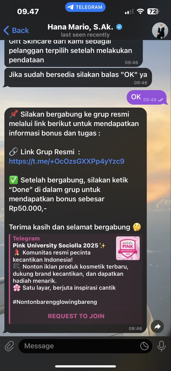 hiuberani's tweet photo. SCAM ALERT 🚨 

Hati hati ya untuk kalian yang suka skincare &amp; makeup, jangan tertipu sama “Hadiah gratis” yang mengatasnamakan sociolla.

Modus awalnya di telfon, lalu disuruh chat sana sini dan join grup hahahah 😗 Kalau ada link lain nya juga jangan asal pencet ya https://t.co/b4JqCP8uPj