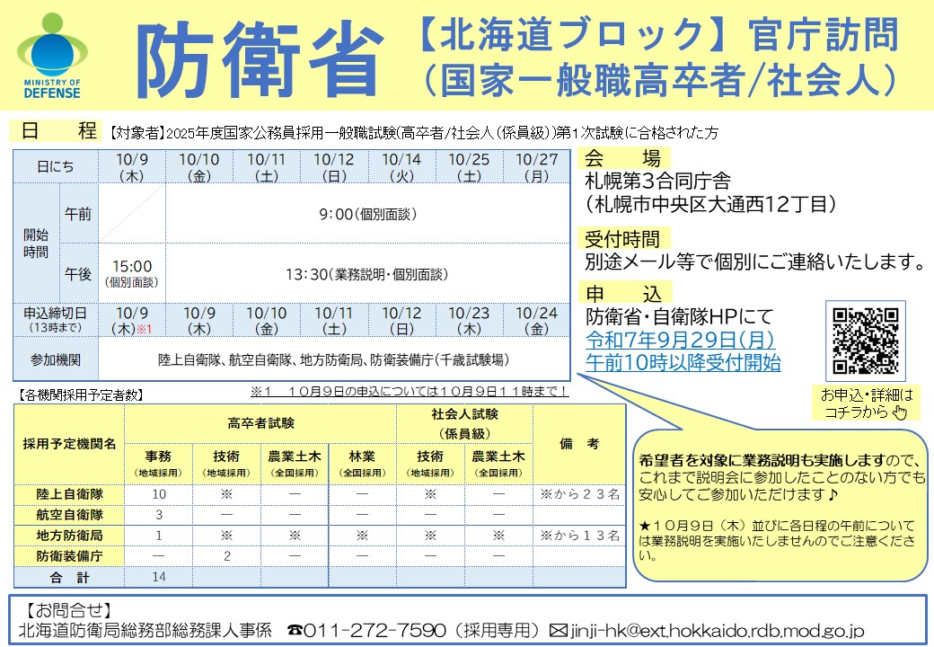 🌸採用情報 【 国家一般職 高卒者 社会人 】🌸
＃北海道ブロック の令和７年度 ＃官庁訪問 についてご案内します ✊
申込は現在受付中です ✨防衛省 ・自衛隊 HPにてお申し込みください
👉mod.go.jp/j/saiyou/ippan…
＃防衛省 ＃国家公務員 ＃陸上自衛隊 ＃航空自衛隊 ＃北海道防衛局 ＃防衛装備庁
