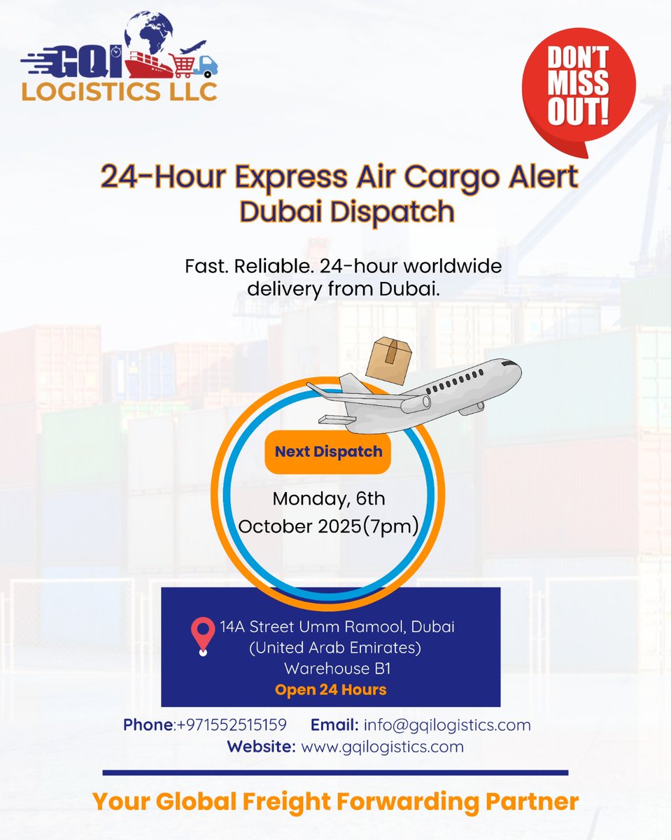 GetQuickIntern1's tweet image. 24Hour Shipment Alert

#logistics #Dubai #shipment #24hours #gqilogistics