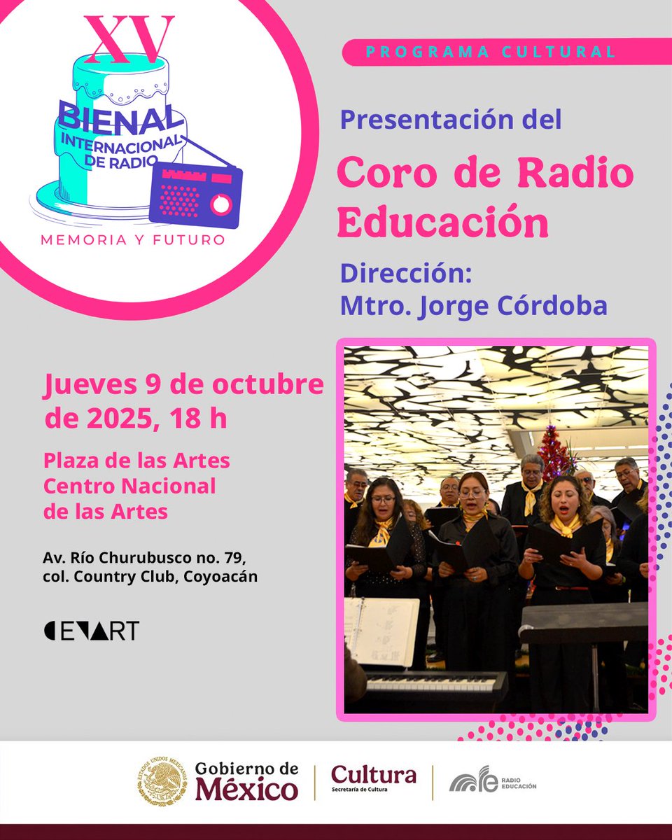 En la #XVBienalDeRadio festejamos la creatividad y la conexión a través de la voz 🗣

Disfruta nuestro programa cultural con la presentación del #CoroDeTrabajadoresRE 🎤

📅 Jueves 9 de oct, 18 h
📍 Plaza de las Artes, <a href="/cenartmx/">Centro Nacional de las Artes</a> 
🎟 #EntradaLibre