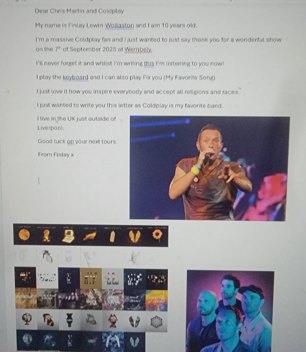FinlayFLW's tweet photo. A letter from Finlay to @coldplay after seeing them at wembley! https://t.co/nKSKwKAJRU