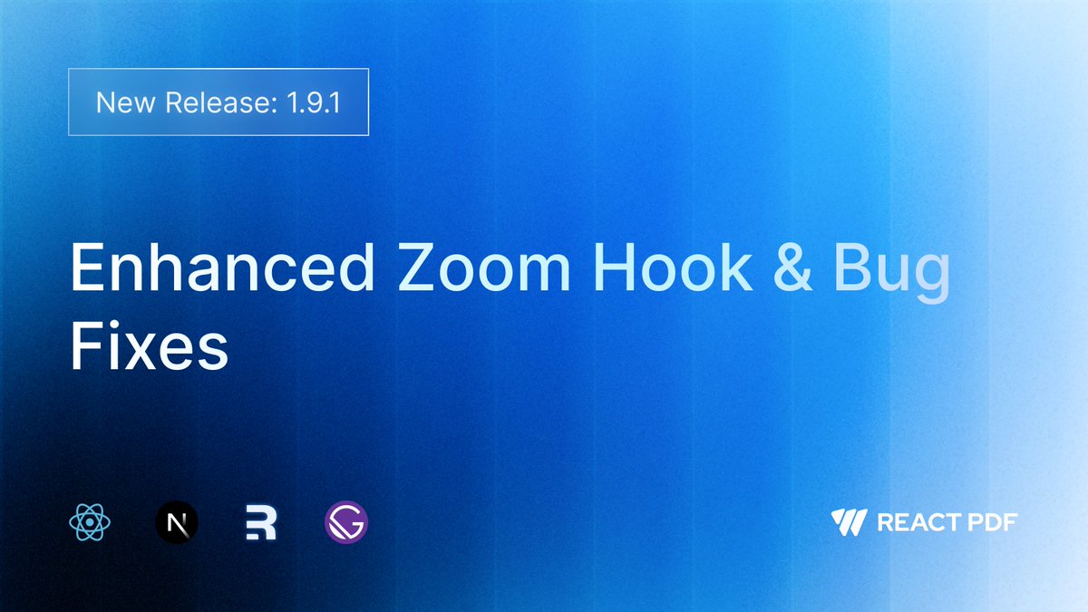 ReactPdf's tweet image. 🛠️ React PDF v1.9.1 is out!
This update improves zoom control, enhances responsiveness for different view modes, and fixes a search popover bug, making your viewer smoother and smarter.
👉 See what’s new: docs.react-pdf.dev/introduction/c…
#react #reactpdf #nextjs