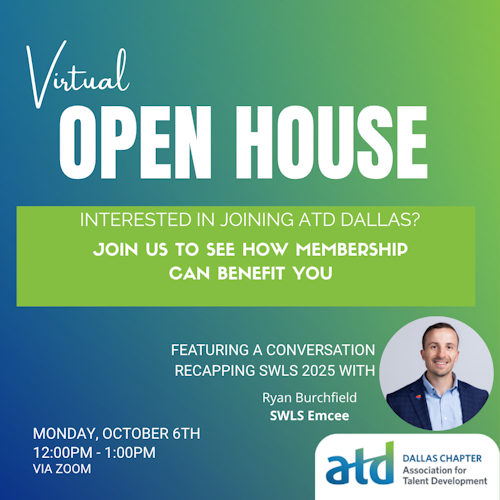 ATDDallas's tweet photo. 🚀 ATD Dallas Virtual Open House – Virtual Session - Oct 6, 12–1 PM CST 🌐

💻 https://t.co/7FnPe495LG
Two-step registration required.

#ATDDallas #DallasKnowsTalent #TalentDevelopment #SWLS2025 https://t.co/qEozzZvRKo