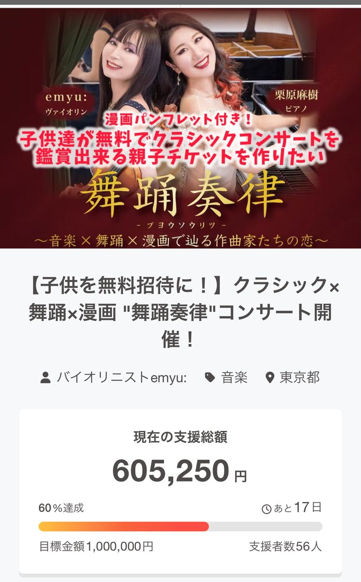 8日で60%達成！！！

本当にありがとうございます😭

あとは、、、親子ペア券がもっと予約入ればみんなが嬉しくなる！
小学生から高校生までのお子様、
無料です！
みんながご支援してくれてますので！
おいでくださいー！

チケット
t.livepocket.jp/e/buyousouritsu

クラウドファンディング