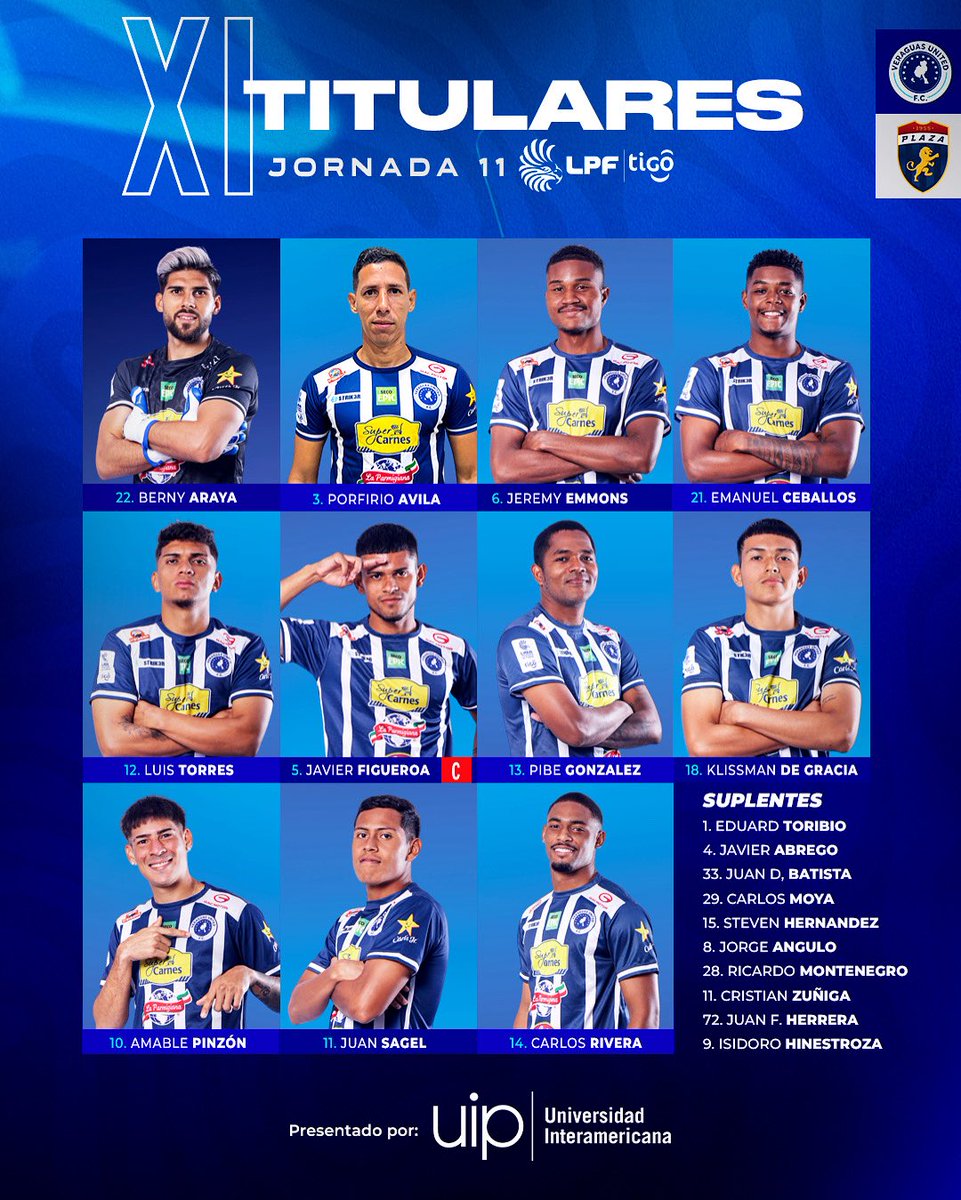 ✍🏻💙𝗘𝗟 𝗢𝗡𝗖𝗘 𝗜𝗡𝗜𝗖𝗜𝗔𝗟!
Así salimos para enfrentar a Plaza Amador en la jornada 11  la <a href="/LPFpanama/">LPF TIGO</a> 

 🎥🔴 En vivo por: <a href="/TigoSportsPA/">Tigo Sports PA</a> 

📲 #SomosVeraguas