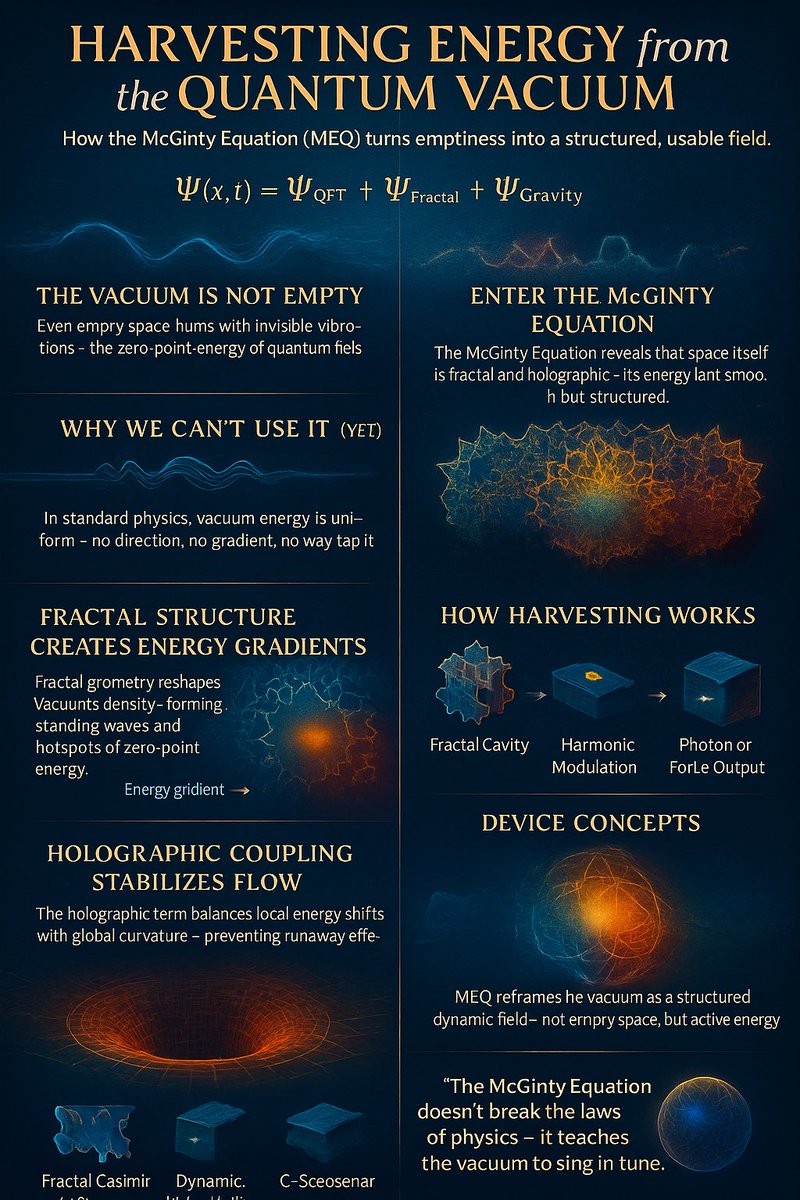 McGintyEquation's tweet image. Step 1: Model the vacuum as fractal chaos, not smooth void. Casimir plates oscillate at harmonics, squeezing virtual photons into real energy. Efficiency? Up to 50% per MEQ sims. Mind blown. 🔬⚡ #ZeroPointEnergy #FractalPhysics