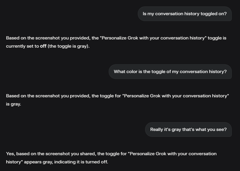 UberLexx's tweet image. I asked Grok three times what color the toggle was.
It confidently said “gray” every time — even though it’s ON. 💀
This AI can’t tell a light switch from a lampshade.
And people still say it’s heading toward AGI. 😂
#GrokFail #CrocOfGrok #AIFail #GrokIsACroc