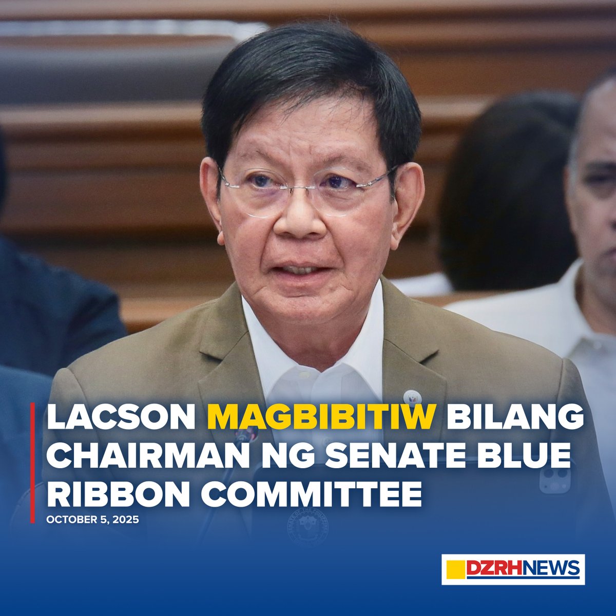 Magbibitiw bilang chairman ng Senate Blue Ribbon Committee si Senate President Pro Tempore Panfilo Lacson sa gitna ng aniya’y mga puna ng kanyang mga kapwa-senador hinggil sa imbestigasyon sa mga flood control project.

BASAHIN: dzrh.com.ph/post/lacson-to…