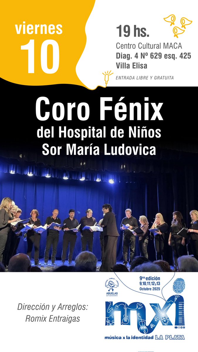 mxilaplata's tweet photo. El Coro Fénix del Hospital de Niños Sor María Ludovica

📆 Viernes 10 de octubre de 2025
🕗 19 horas
📍 Centro Cultural MACA - Diag. 4 629 - Villa Elisa

La entrada es libre y gratuita https://t.co/BltzC2ZtyE